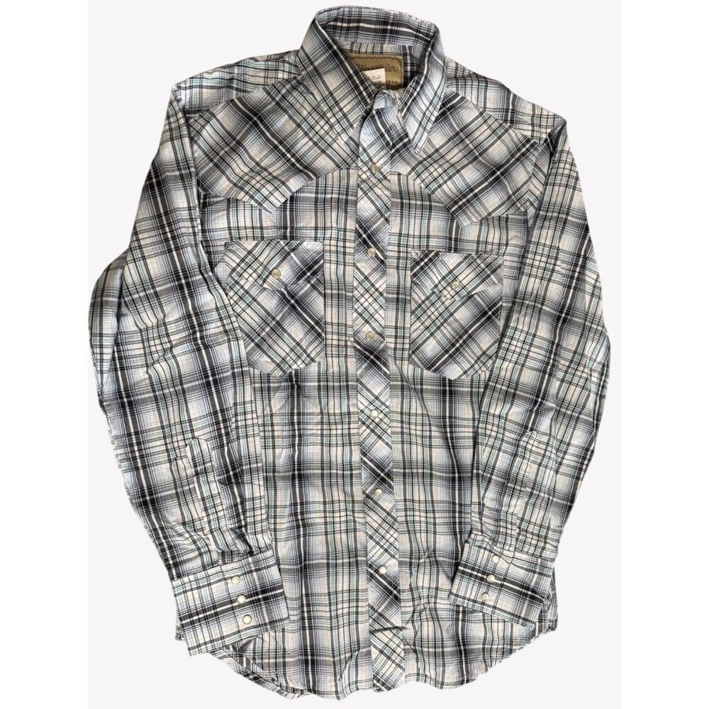 Wrangler‎ Mens Western Plaid Snap Button Blue White Pale Green Shirt SZ Small